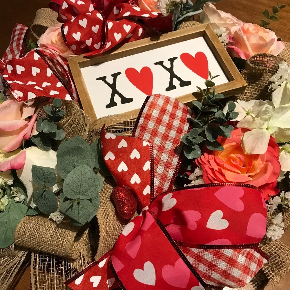 Valentines Wreath Hand Crafted LOVE Burlap Kisses Hugs FINAL SALE